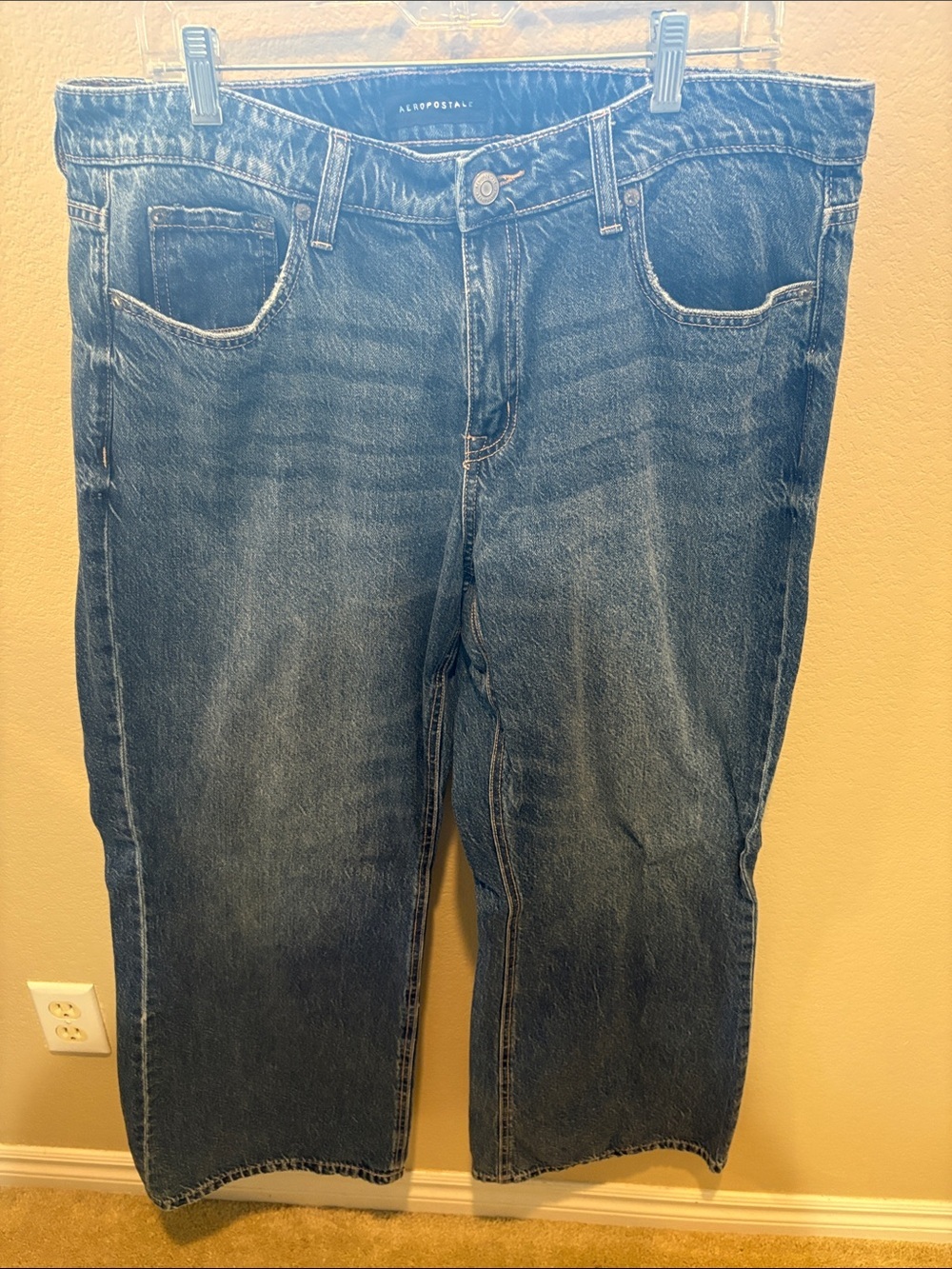 Aeropostale Women's Baggy Flare Leg Jeans in Dark Blue Wash